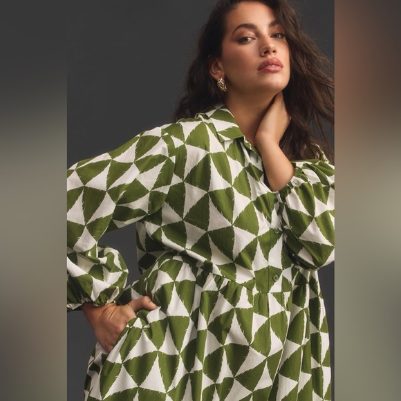 Maeve Green and White Geometric Midi Dress - Picture 2 of 16